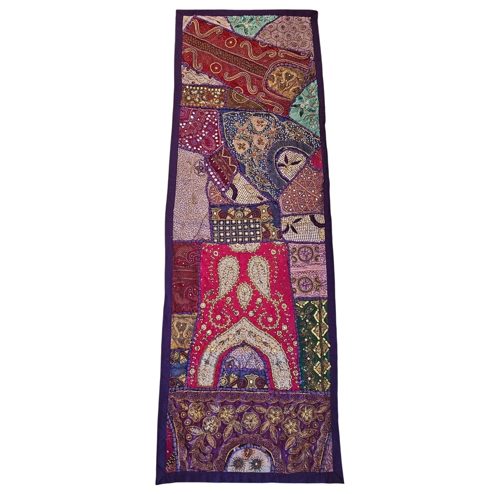 Vintage Indian Patchwork Table Runner Zardosi Mirror Work Purple Boho 58x19